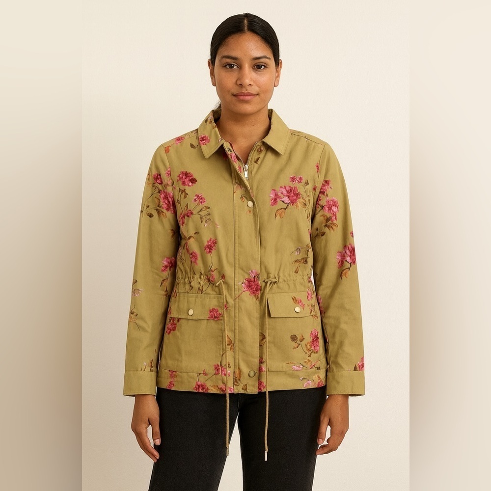 “A loves A” Utility Jacket/anorak w Floral Print, Cinched Waist, front pockets